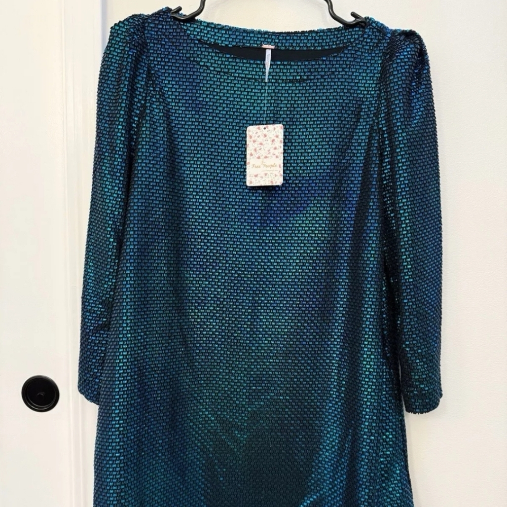 Free People Women's Turquoise and Black Shimmer Long Sleeve Mini Dress XS NWT - Picture 3 of 7